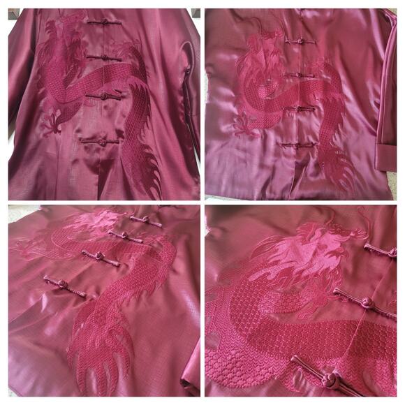 LINZHIXIU Silk Tang Suit Kung Fu Kimono Jacket Burgundy Red Dragan Embroidery✨️L - Picture 13 of 16